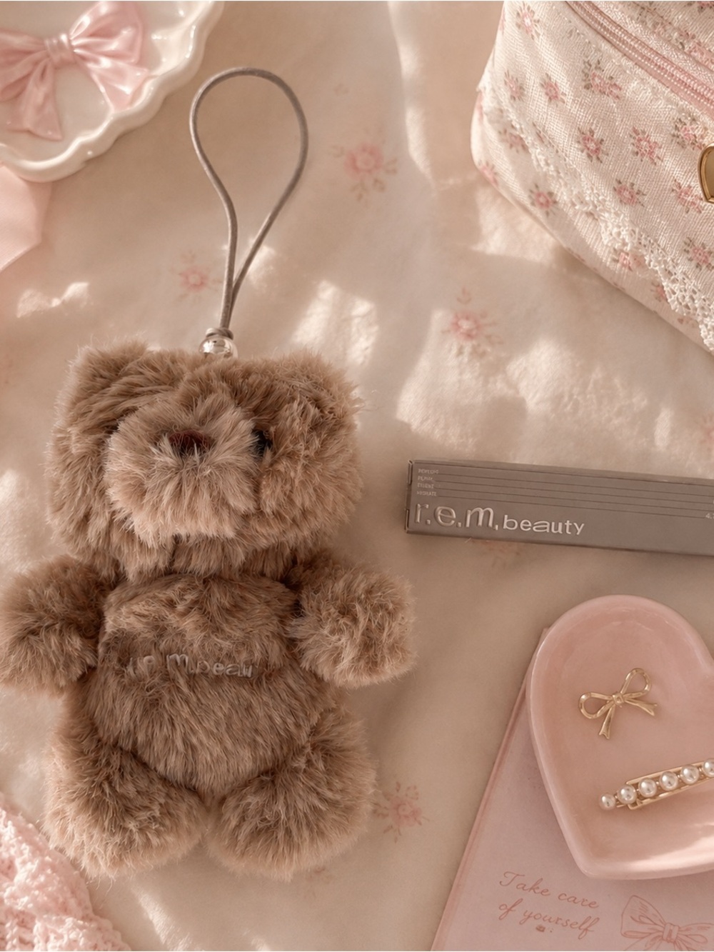 NIB r.e.m. beauty Essential Drip Lip Balm Cosmo + Plush Teddy Bear Keychain